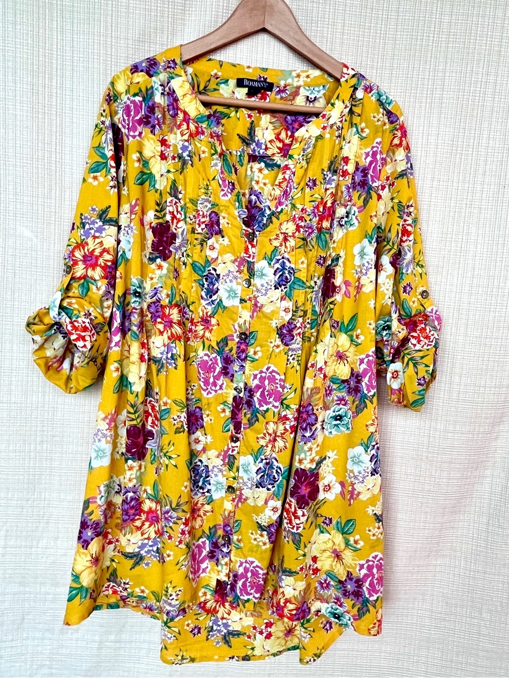 Roaman's Floral Pintuck Button-Front Tunic Dress Resortwear